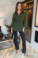 Olive 3/4 Sleeves Collared Gathered Waist Top