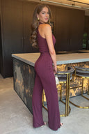 Plum Pleated Halter Neck Draped Waist Detail Jumpsuit