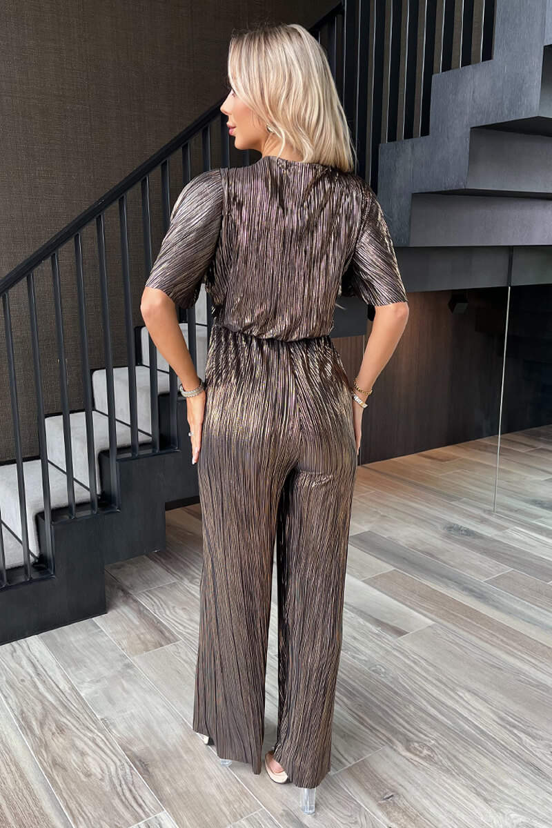 Bronze Plisse Buckle Detail Wrap Jumpsuit