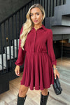 Wine Long Sleeve Mini Skater Dress