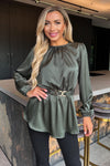 Olive Satin Long Sleeve Gold Detail Belt Top