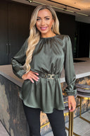 Olive Satin Long Sleeve Gold Detail Belt Top