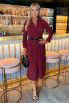 Wine Button Front Belted Shirt Midi Dress