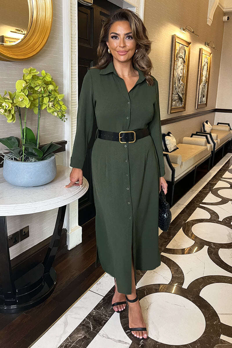 Olive Button Front Belted Shirt Midi Dress