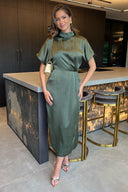 Olive Satin High Neck Wrap Skirt Midi Dress