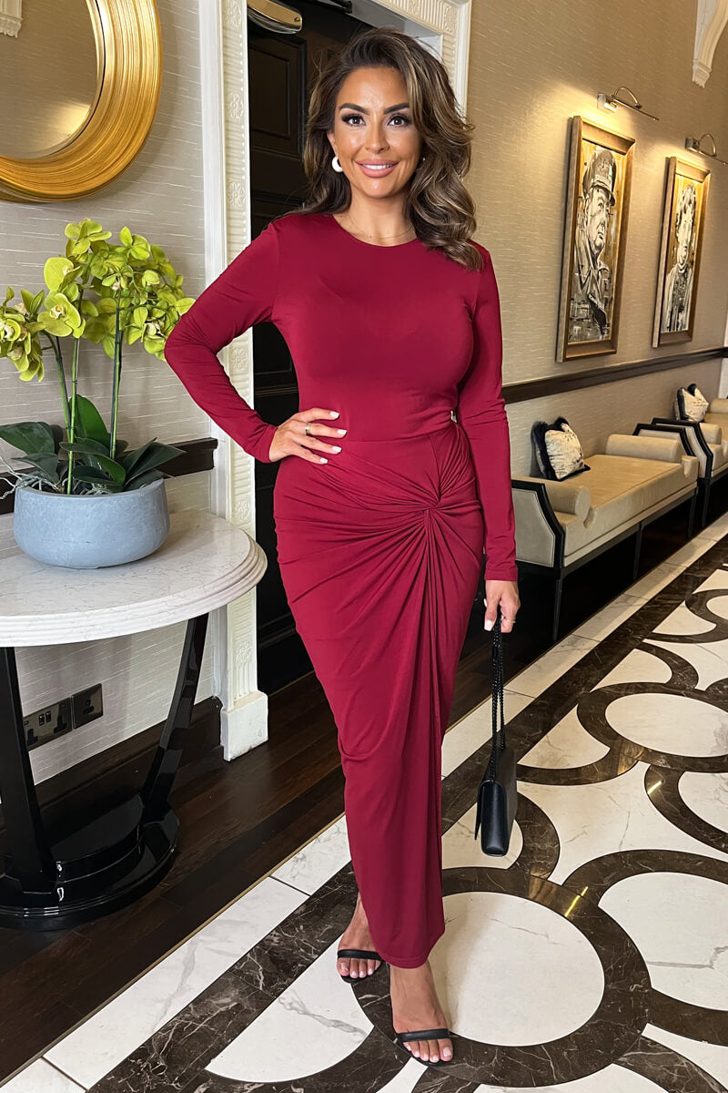 Wine Long Sleeves Knot Skirt Bodycon Midi Dress