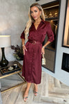 Wine Satin Belted 3/4 Sleeve Gold Buttons Shirt Midi Dress