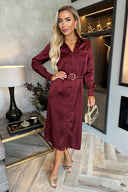 Wine Satin Belted 3/4 Sleeve Gold Buttons Shirt Midi Dress