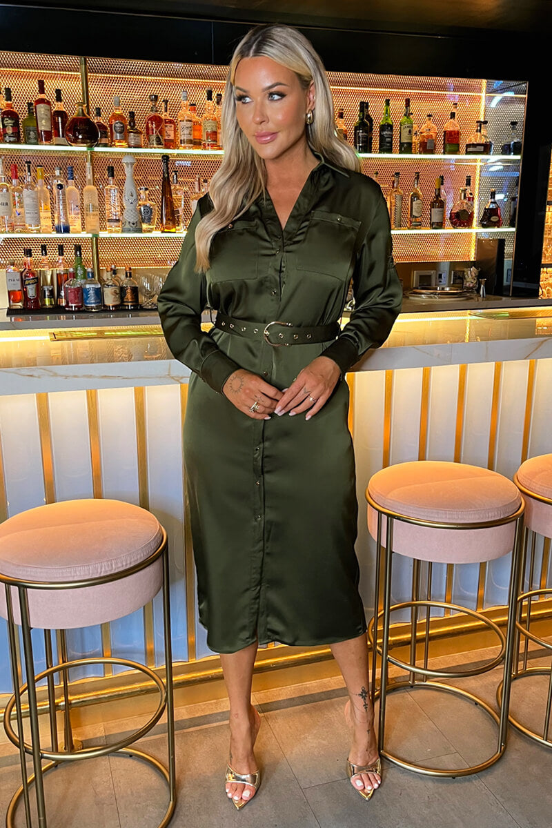 Olive Satin Belted 3/4 Sleeve Gold Buttons Shirt Midi Dress