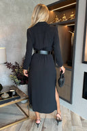 Black Button Front Belted Shirt Midi Dress