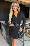 Black Wrap Top Long Sleeve Belted Mini Dress