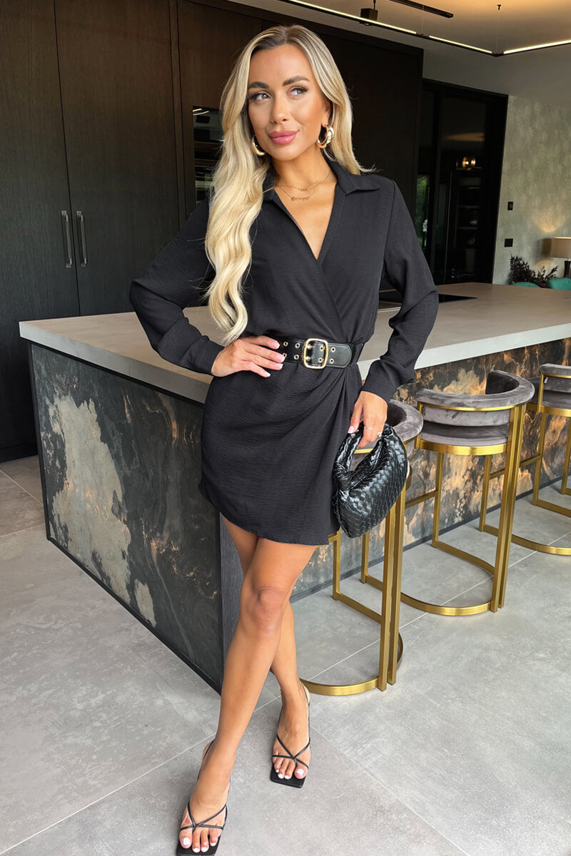 Black long sleeve wrap mini dress best sale