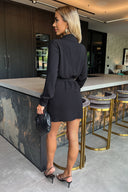 Black Wrap Top Long Sleeve Belted Mini Dress