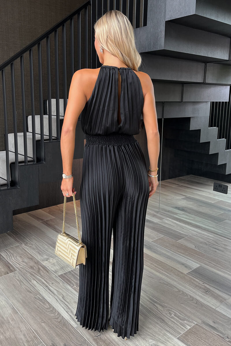 Black Halter Neck Shirred Waist Pleated Jumpsuit