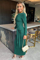 Teal Long Sleeve Sash Bodycon Midi Dress