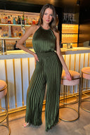 Olive Halter Neck Shirred Waist Pleated Jumpsuit