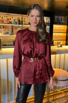 Wine Satin Long Sleeve Gold Detail Belt Top