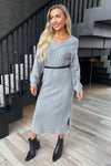 Mid-Grey V-Neck Knitted Midi Dress