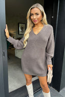 Mink V-Neck Knitted Jumper Dress