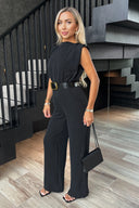 Black Boat Neck Belted Wide Leg Jumpsuit