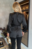 Black Satin Long Sleeve Gold Detail Belt Top