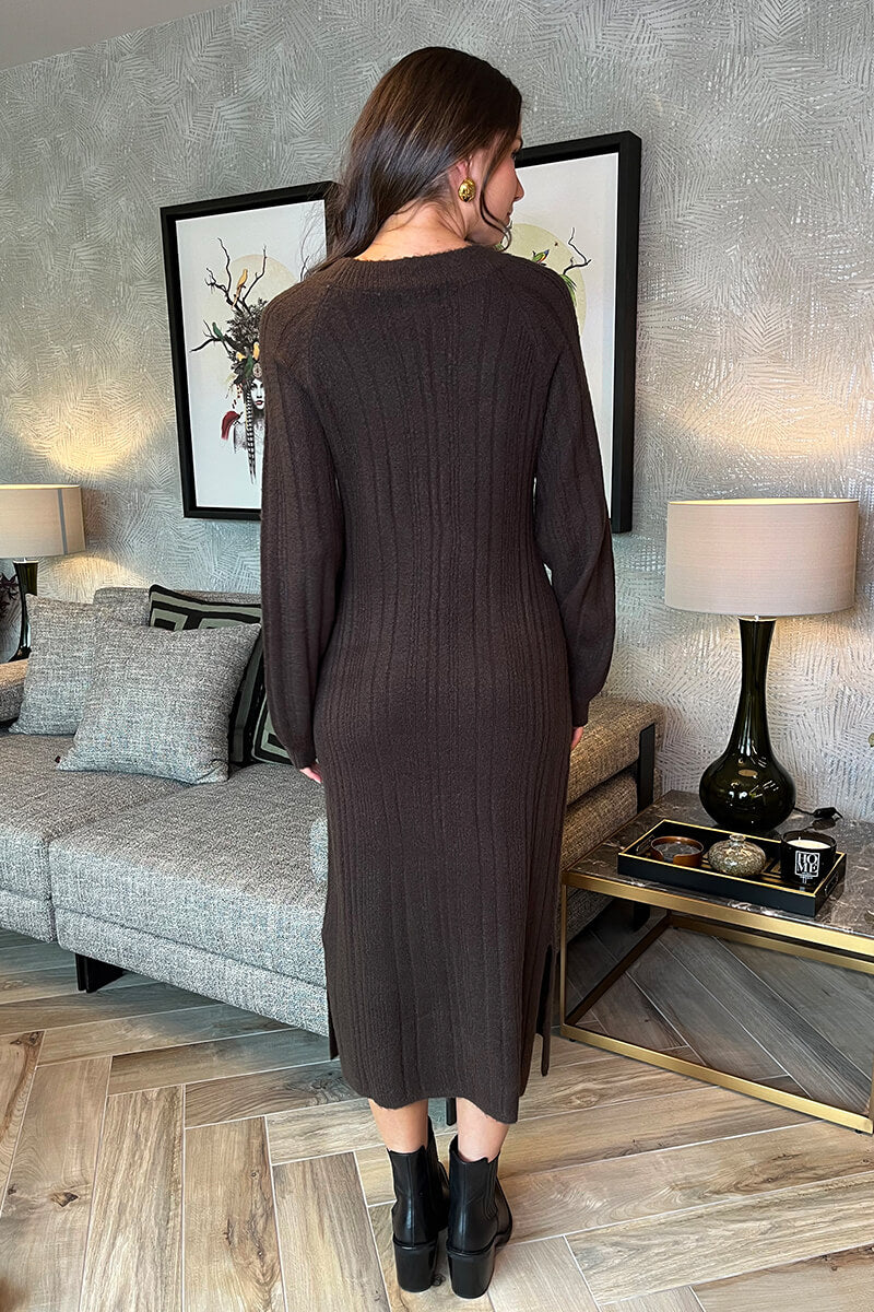 Chocolate V-Neck Knitted Midi Dress