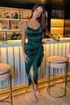 Teal Satin Strappy Cowl Neck Gathered Skirt Midi Dress