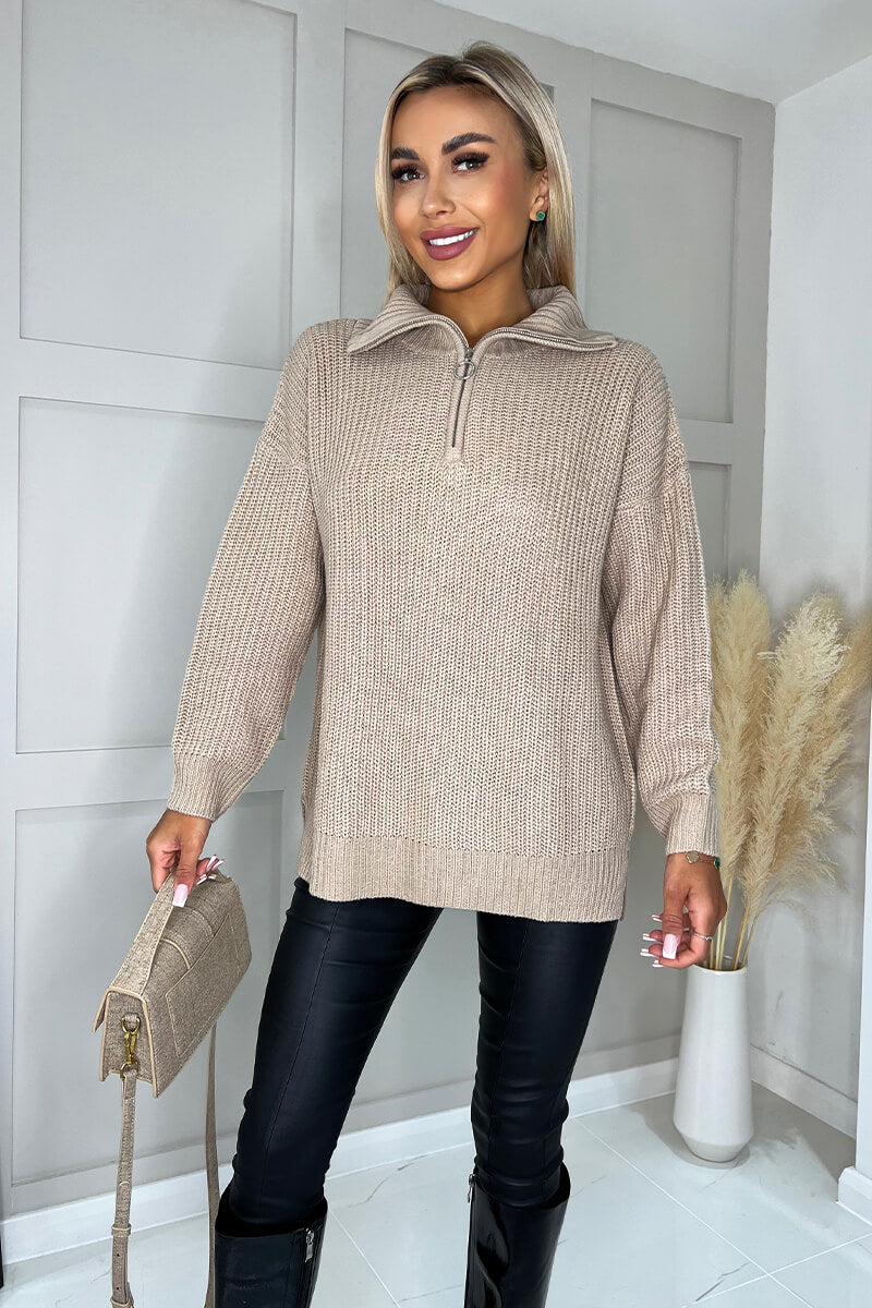 Oatmeal Half Zip Knitted Jumper