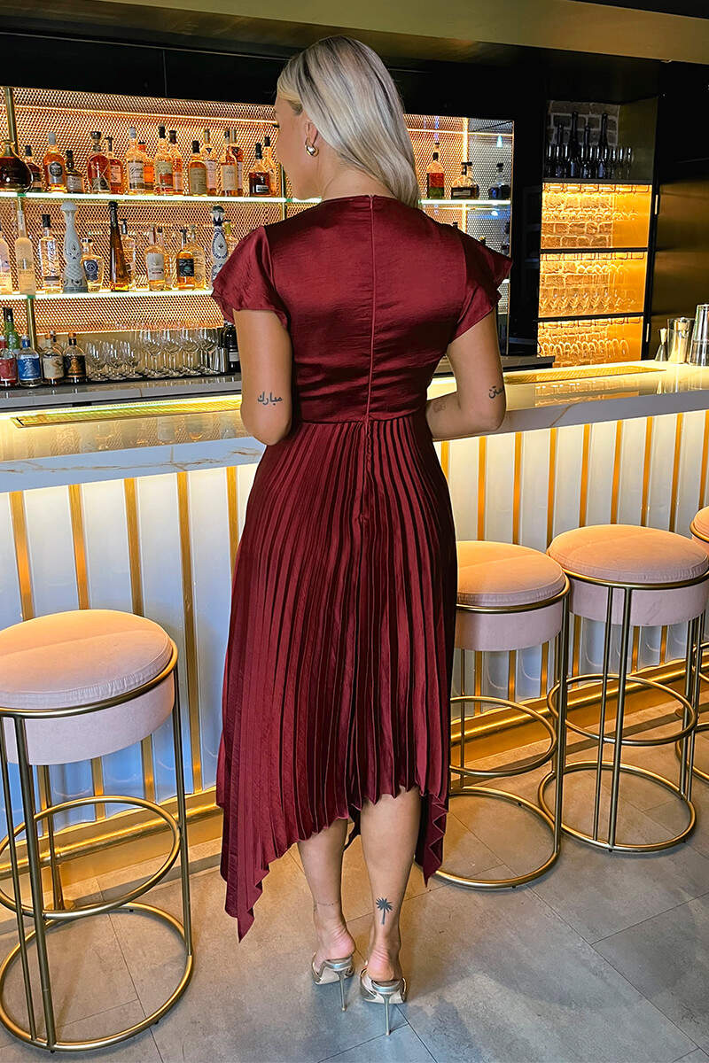 Wine Wrap Top Zig Zag Hem Pleated Midi Dress