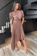 Taupe High Neck Puff Sleeve Zig Zag Hem Pleated Midi Dress