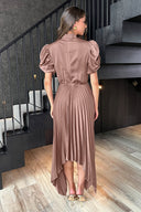 Taupe High Neck Puff Sleeve Zig Zag Hem Pleated Midi Dress