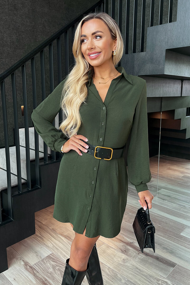 Olive Button Front Belted Shirt Mini Dress