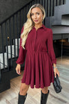 Wine Long Sleeve Mini Skater Dress