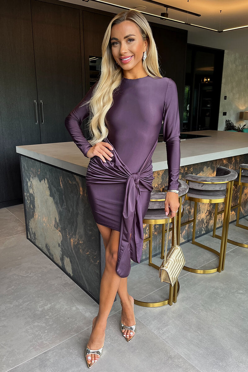 Plum Slinky Long Sleeve Sash Bodycon Mini Dress