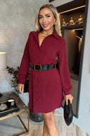 Wine Button Front Belted Shirt Mini Dress