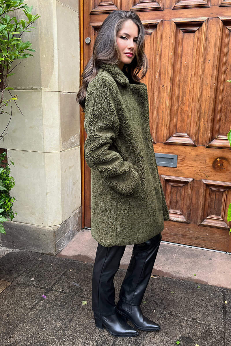 Khaki Longline Teddy Coat