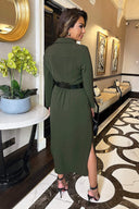 Olive Button Front Belted Shirt Midi Dress