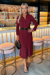 Wine Button Front Belted Shirt Midi Dress