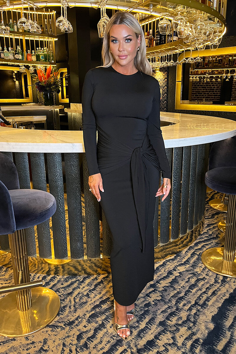 Black Long Sleeve Sash Bodycon Midi Dress