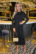 Black Long Sleeve Sash Bodycon Midi Dress