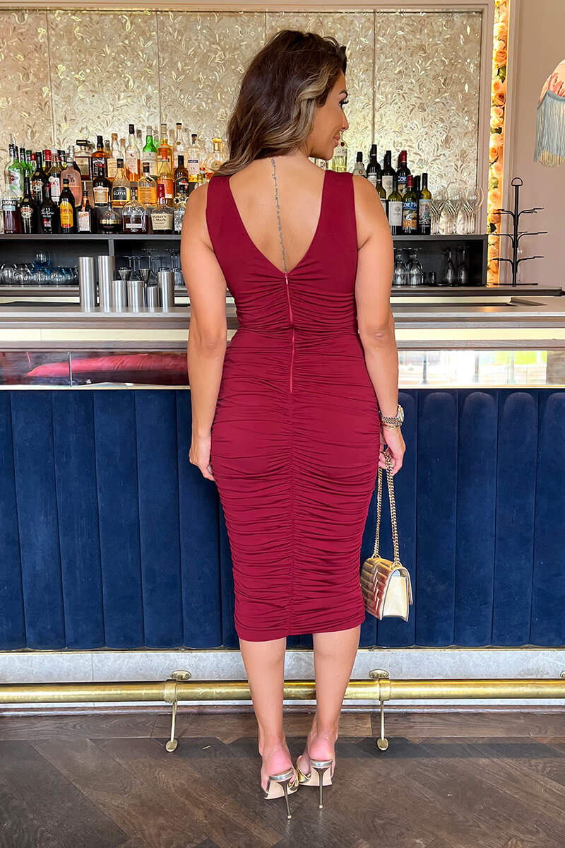 Wine V Neck Ruched Bodycon Midi Dress