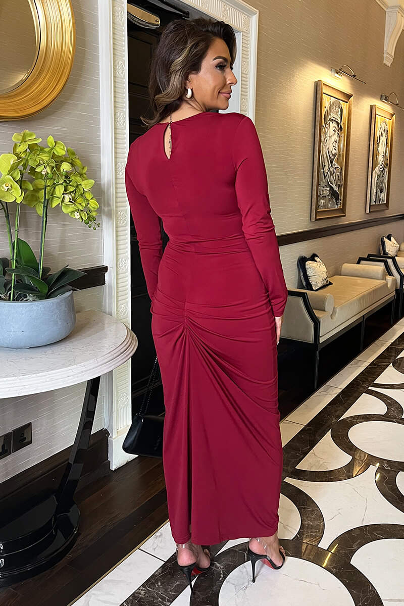 Wine Long Sleeves Knot Skirt Bodycon Midi Dress