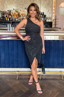 Black Metallic Sparkle and Sequin One Shoulder Draped Wrap Skirt Midi Dress