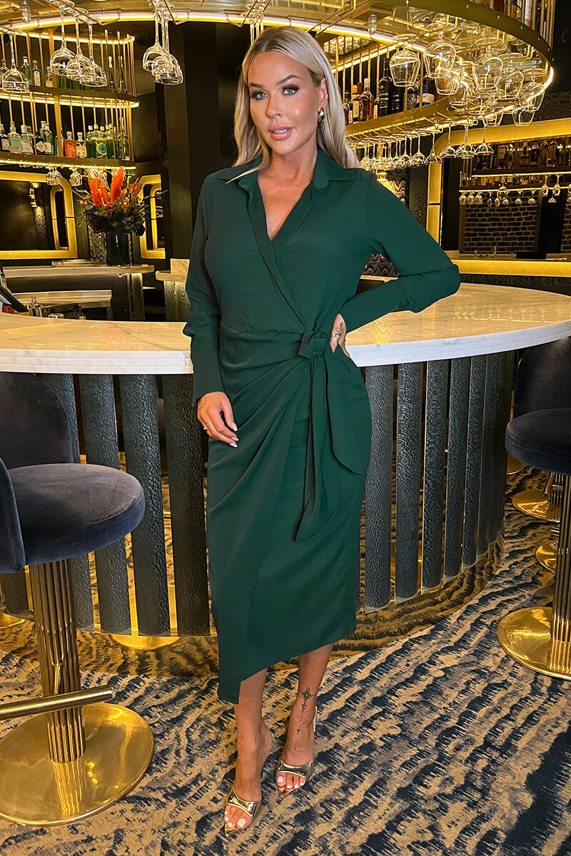 Teal Side Tie Waist Wrap Midi Dress