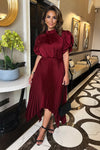 Wine High Neck Puff Sleeve Zig Zag Hem Pleated Midi Dress