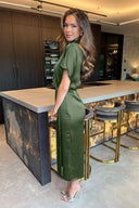 Olive Satin High Neck Wrap Skirt Midi Dress