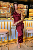 Wine One Shoulder Knot Skirt Satin Midi Dress