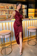 Wine One Shoulder Knot Skirt Satin Midi Dress