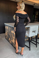 Black Lace Bardot Long Sleeve Ruched Bodycon Midi Dress