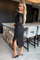 Black Lace Bardot Long Sleeve Ruched Bodycon Midi Dress